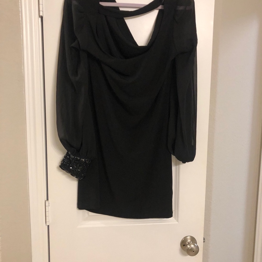Women black dress with see-through long sleeves